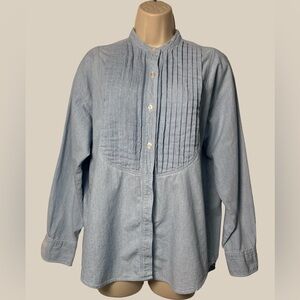 Gap Women’s VTG Light Denim L Slv Pleated Band Collar Button Up 100% Cotton SZ M